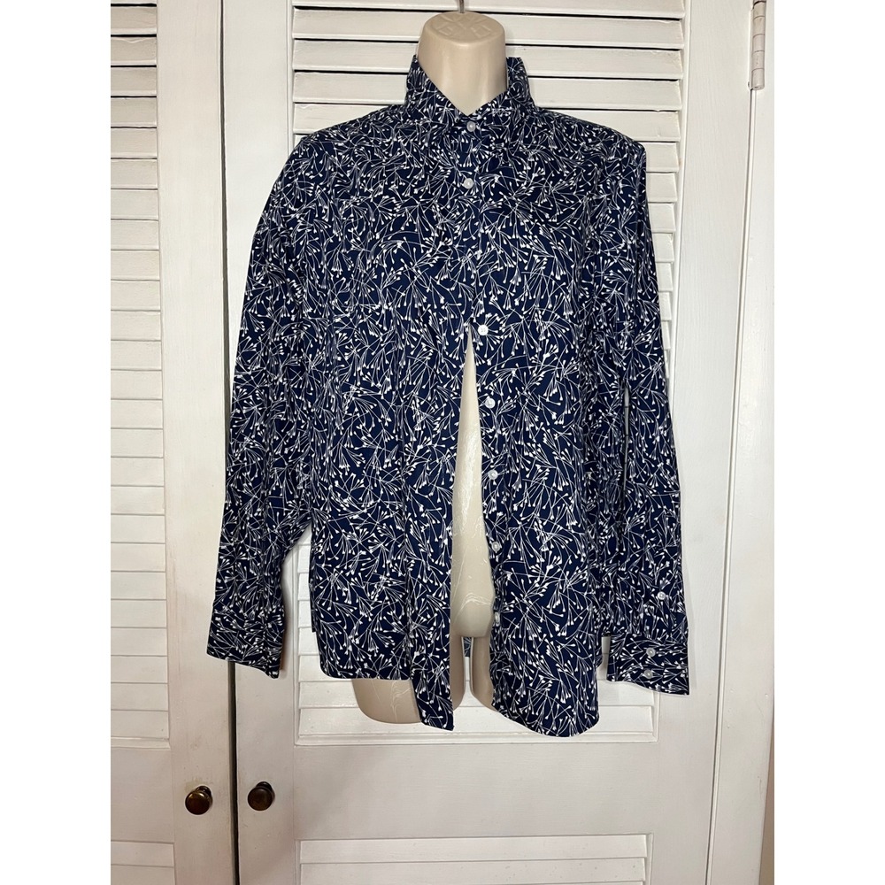 Lands End No Iron Supima Cotton Shirt Navy Blue Floral Print Button Down Size 10